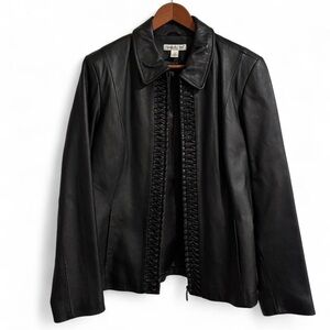 Vintage Black Leather Jacket with Braided Detailing